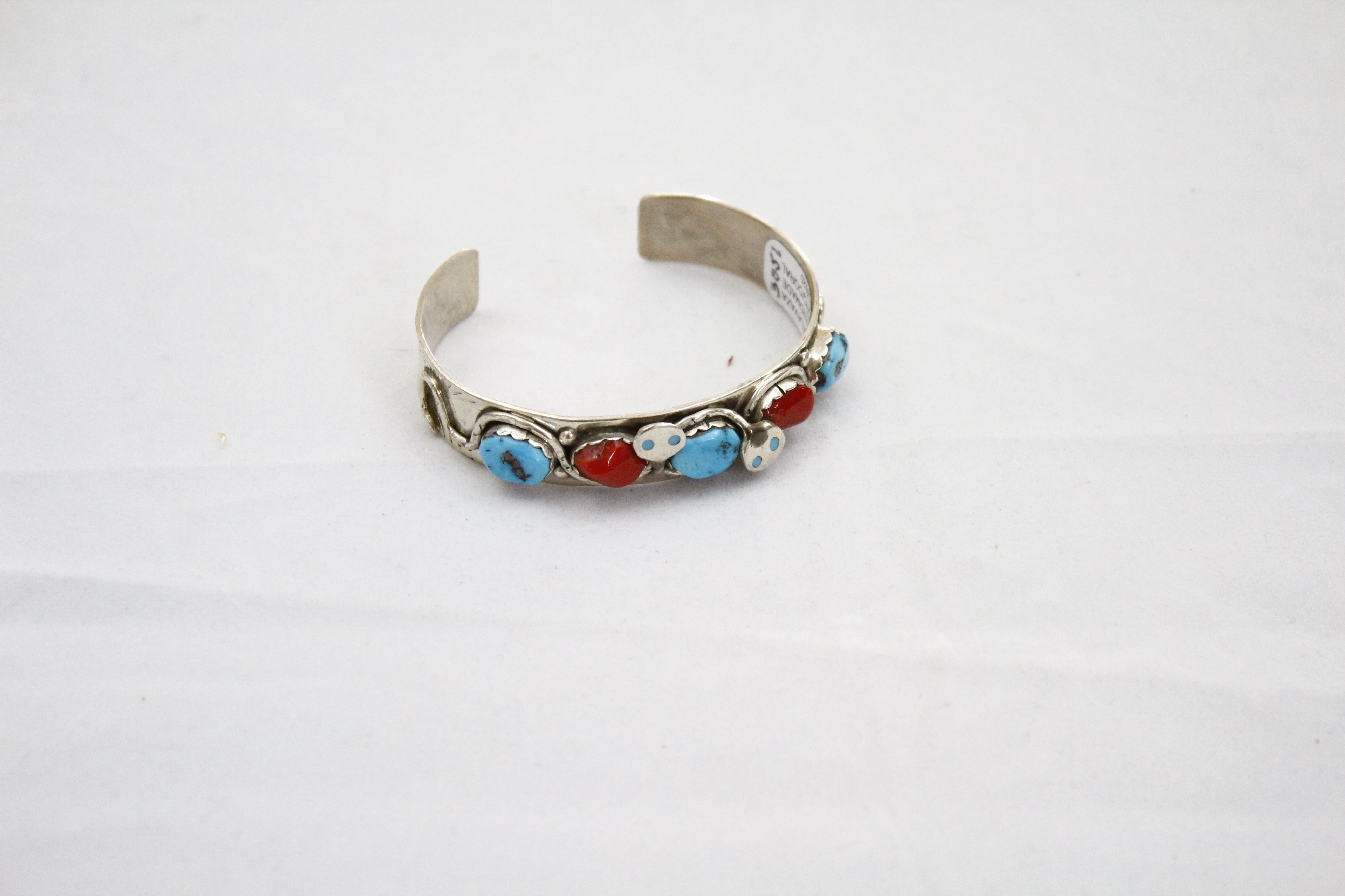 Navajo Red Coral Chip Inlay Silver Cuff